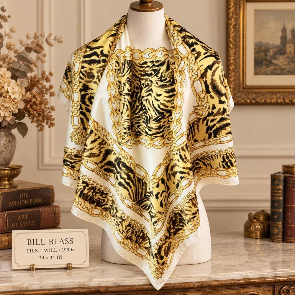 Vintage Bill Blass 1990s Silk Twill Chain Tiger Print Scarf 34x34